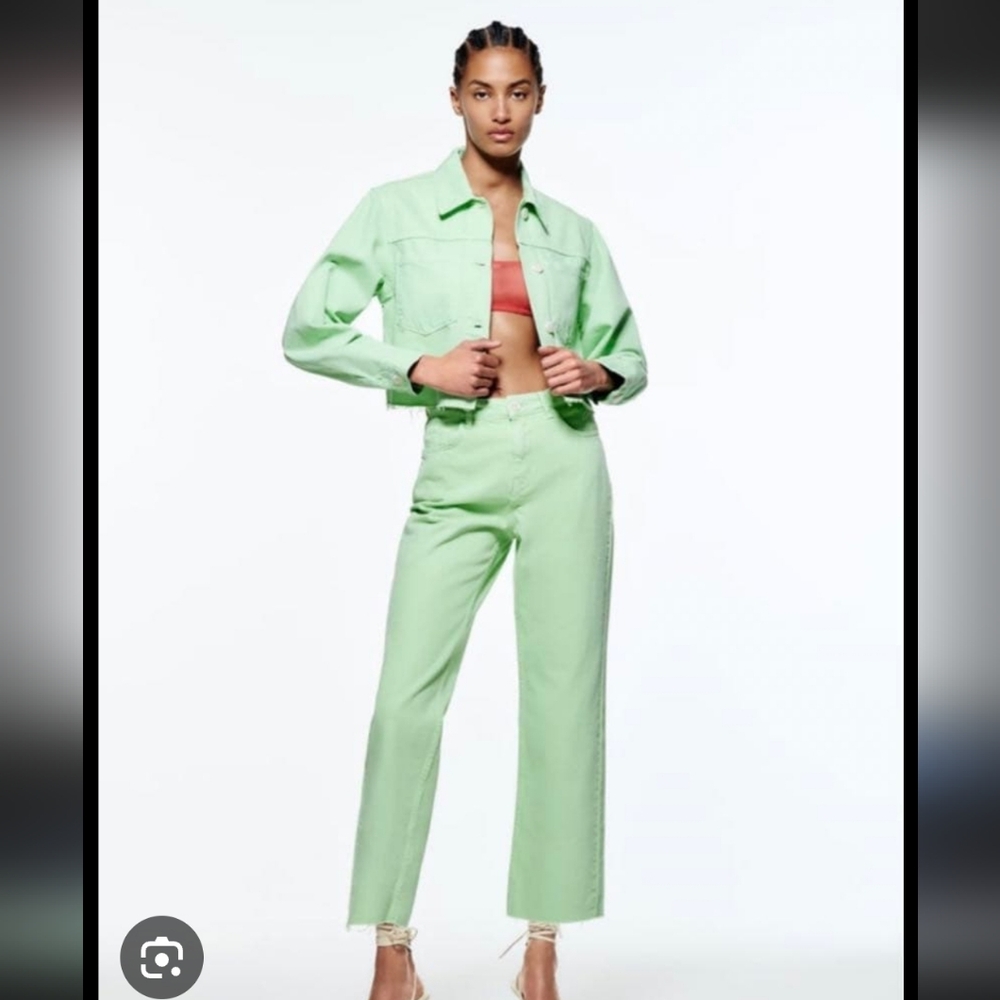 Zara Matching Set Mint Green Cropped Jacket M & Cropped Straight Leg Jeans US 4